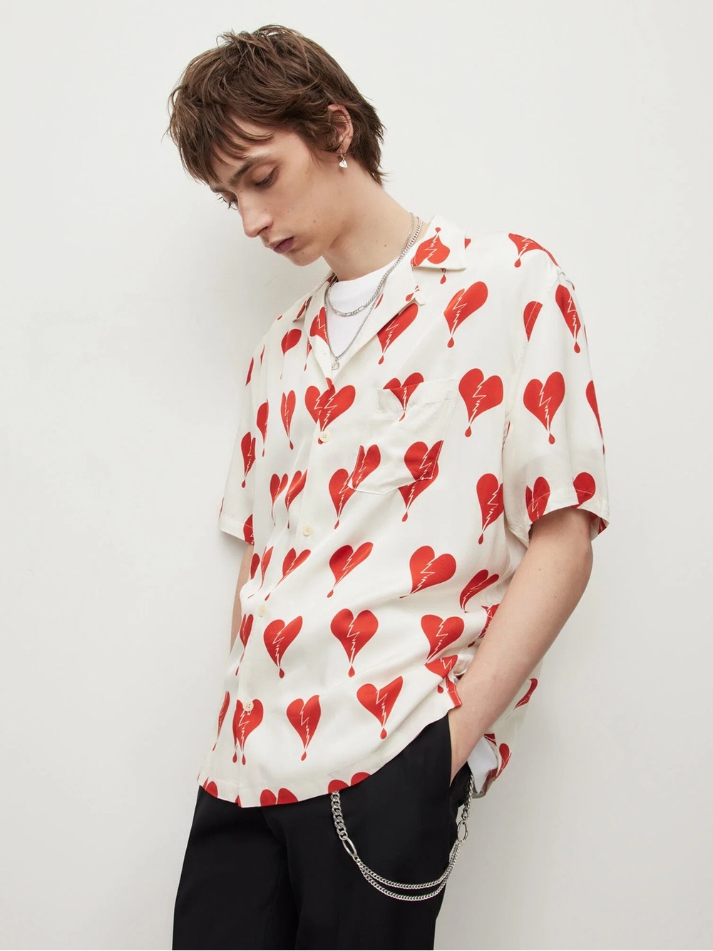 All Saints Cream Short-Sleeve Button Up Shirt Breakup Red Broken Heart Print